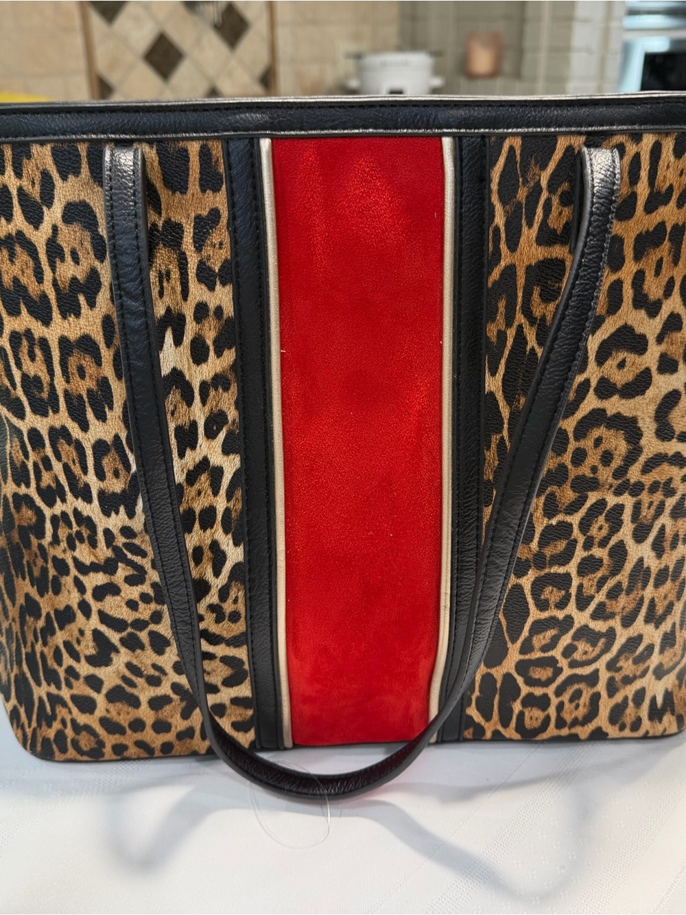 Chico's Leopard-Print Tote with Red Center Stripe